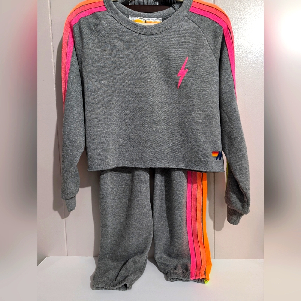Aviator Nation Grey Track Jogger Set with Pink & Orange Stripes